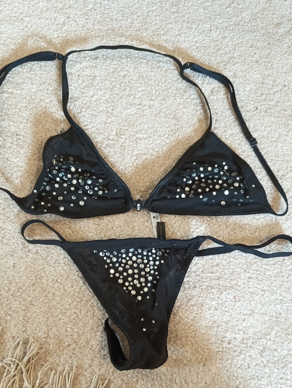Express Intimatew - Black Rhinestone Embellished Sheer Triangle Bikini Set